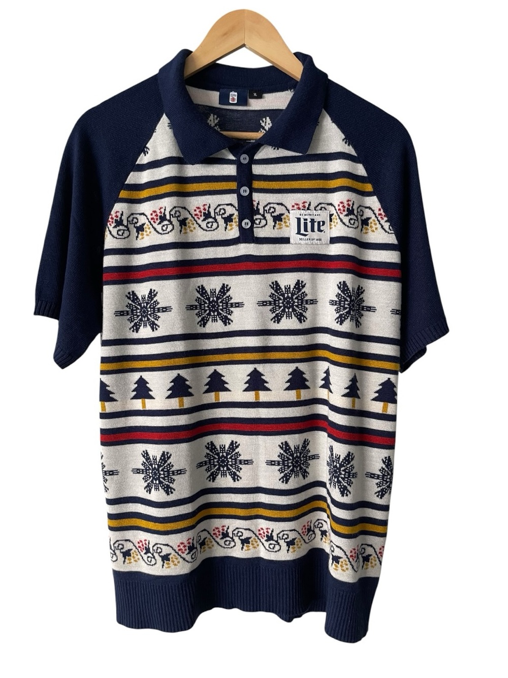 Miller Lite Mens XL Ugly Christmas Sweater Knit Polo Snowflake Fair Isle